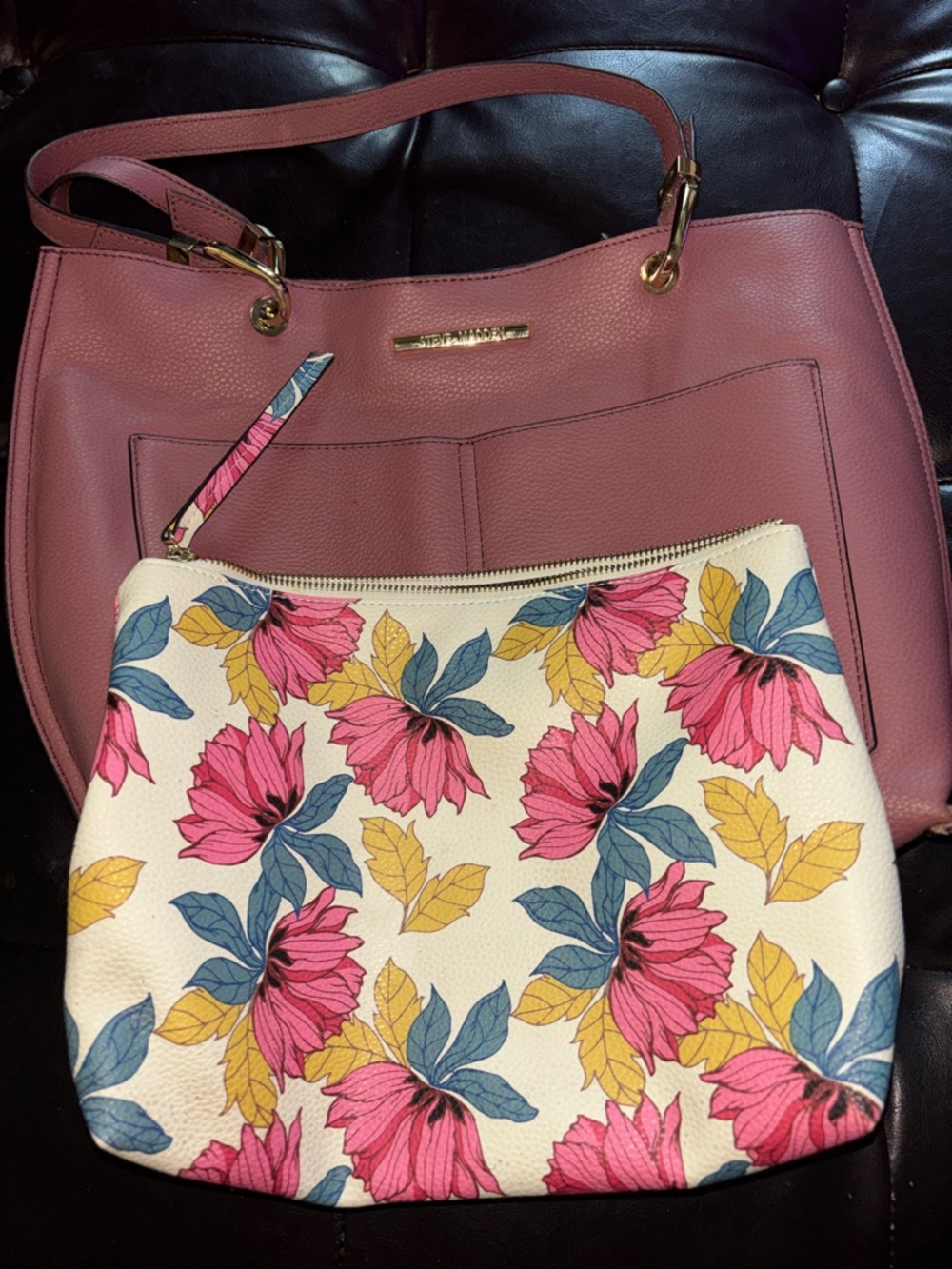 Steve Madden Brand Pink Tote with Floral Zip Pouch